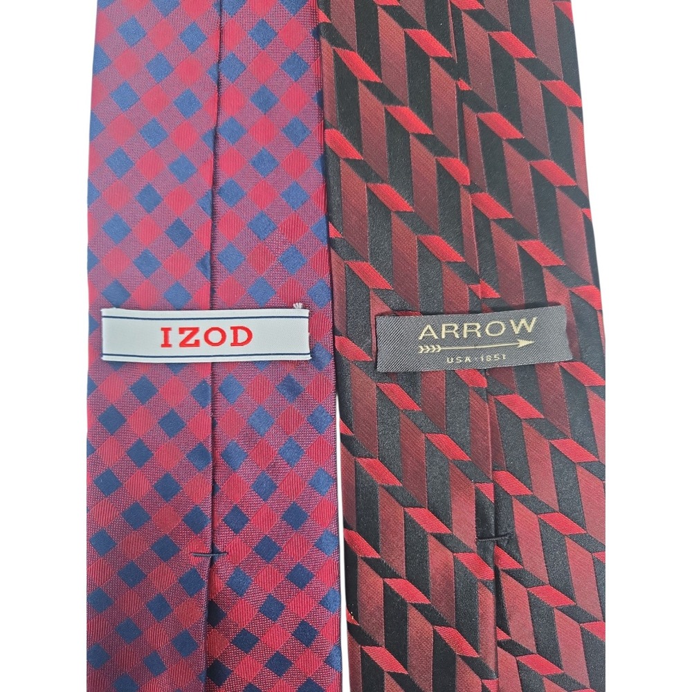 Lot of 2 IZOD & Arrow 100% Silk Neckties Red Black Blue Check Geometric Modern - Picture 2 of 7